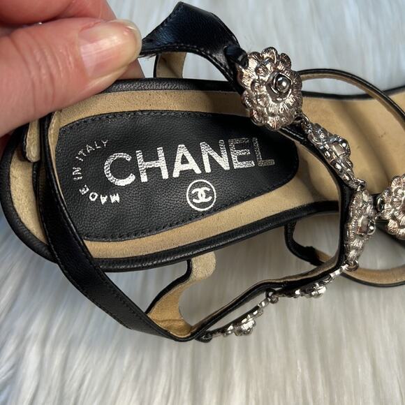 Chanel Black Camellia Charm Wedge Sandals - Picture 3 of 15